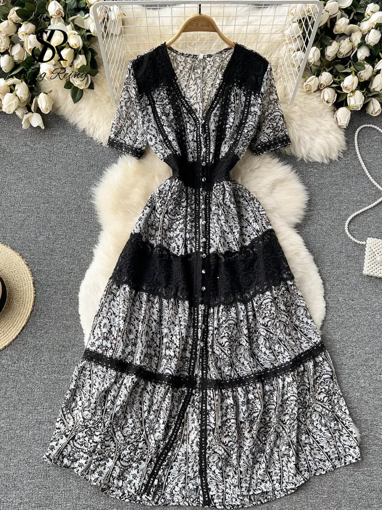 

SINGREINY 2022 Spliced Lace Long Sunress Women Summer Short Sleeves High Quality Party Dress Floral sexy dress basicos traf