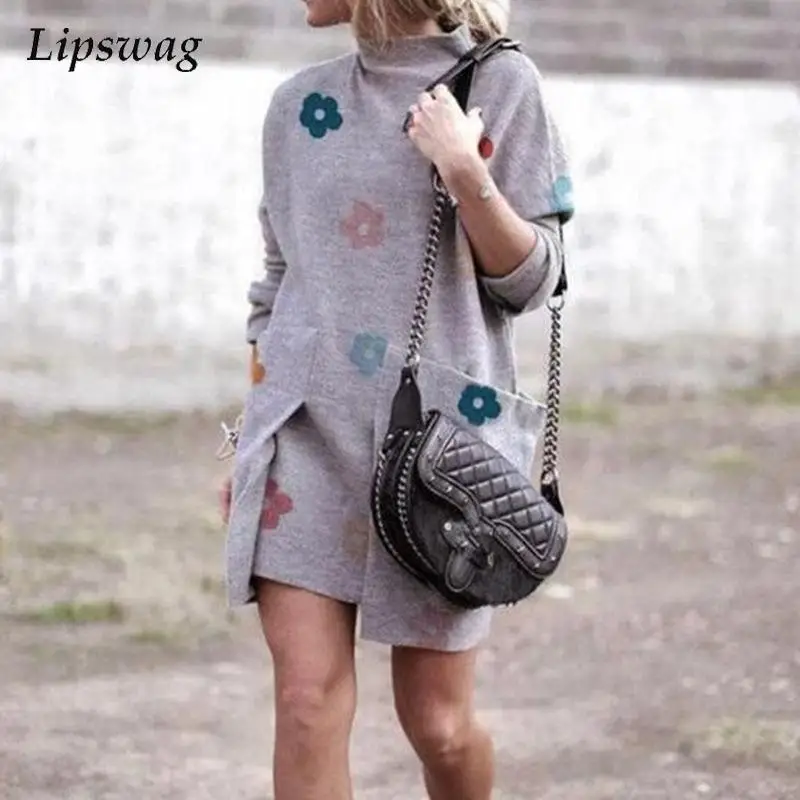 

Autumn Casual Pattern Print Party Dress Women Fashion O Neck Long Sleeve Pullover Dress Office Lady New Sexy Double Pocket Dress