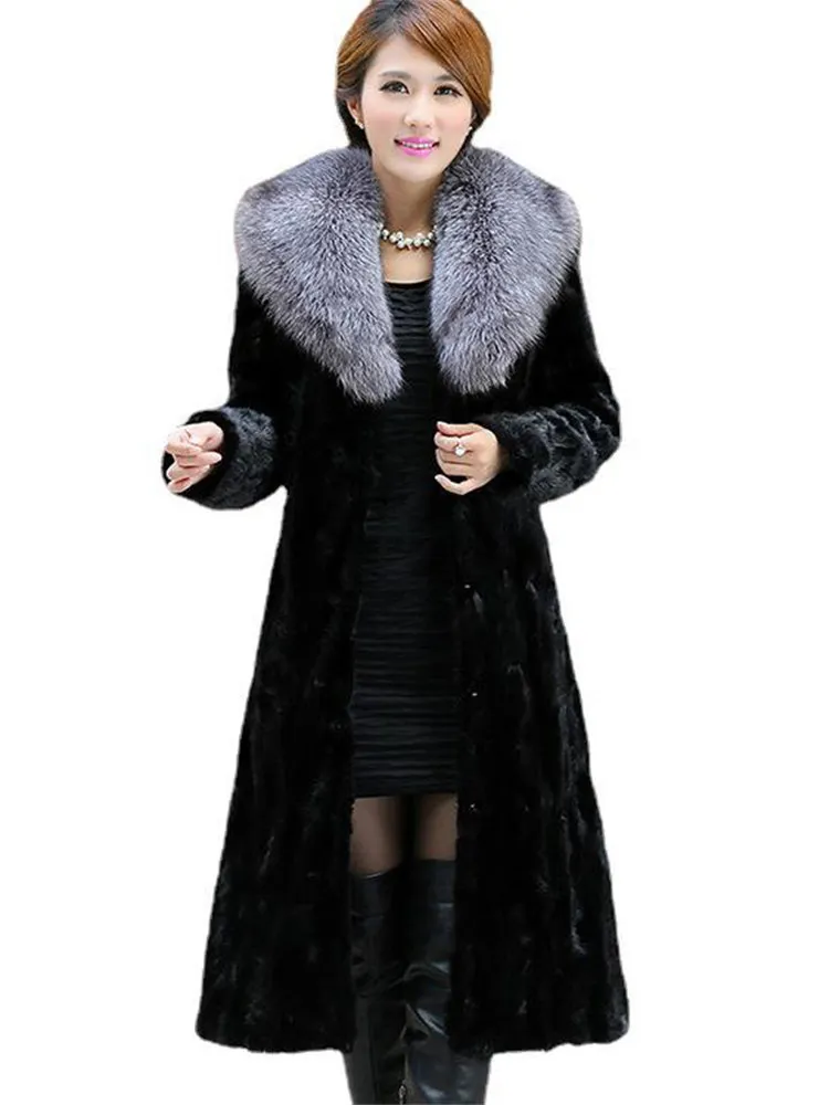 New Imitation Fur Coat Women Autumn Long Mink Fur Coat Big Fox Fur Collar Thick Warm Outer Wear Jacket Winter Clothing N1527
