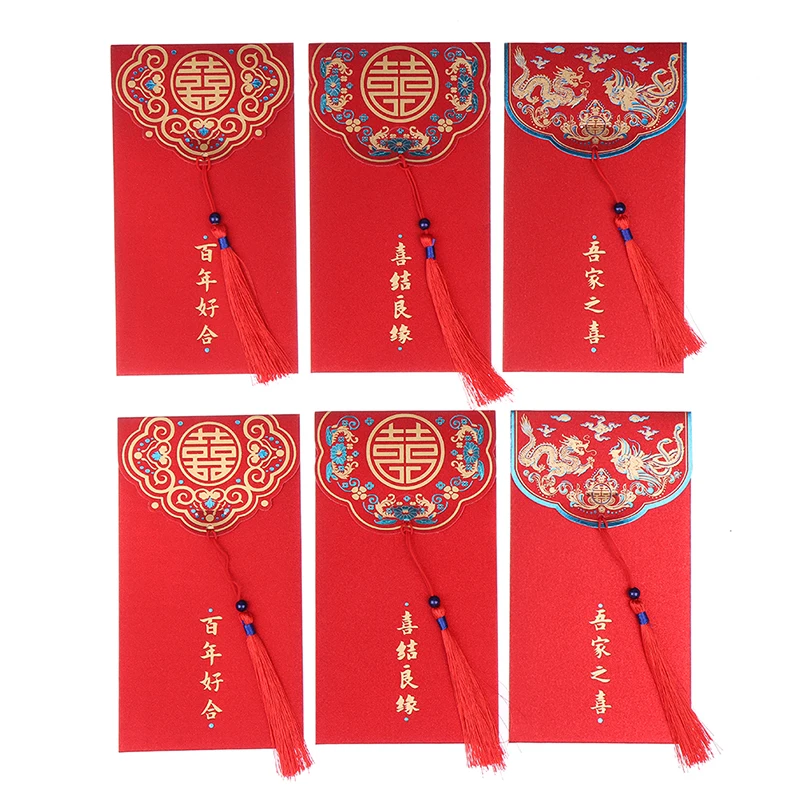 

6 шт. Свадебный бронзовый красный конверт Hongbao для новогоднего украшения, красные пакеты на удачу, весенний праздник, сумка для денег