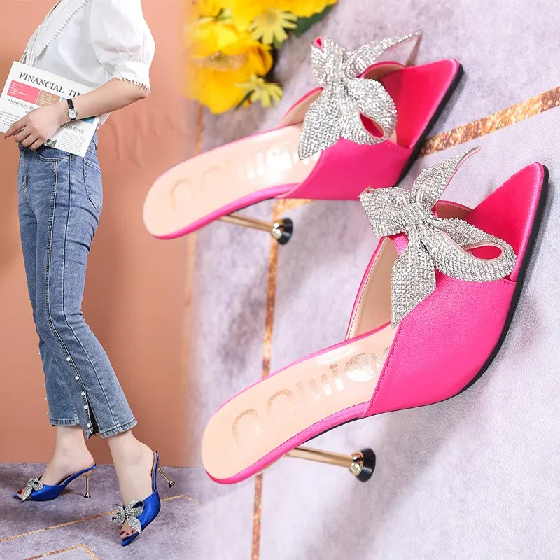 

New Classic Solid Color Middle Heel Mules Slippers Ladies Pointed Toe Slides Butterfly-knot Women Outdoor Party Shoes