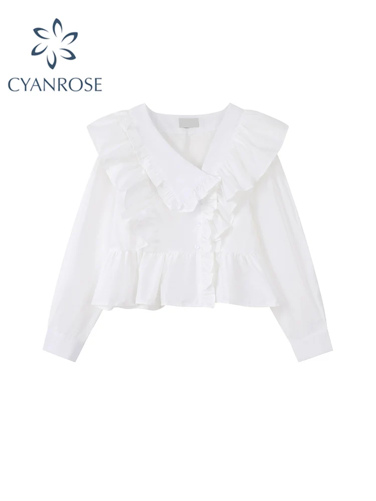 

Женская свободная рубашка во французском ретро-стиле, элегантная белая блузка с длинным рукавом и V-образным вырезом, элегантный топ с рюшам...