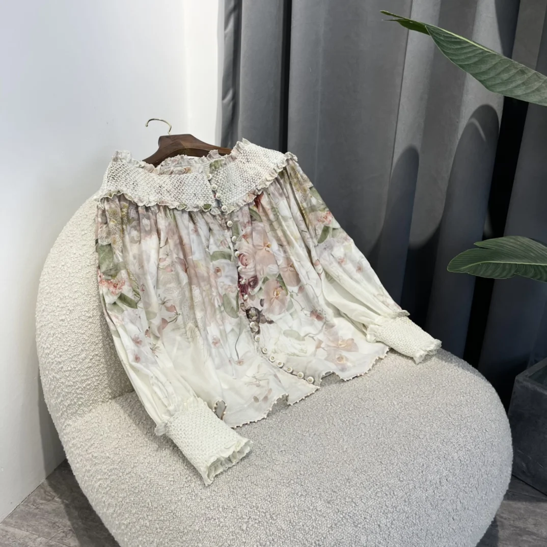 

2022 Summer Top Quality Silk Cotton Ease Pink Floral Print Gradient Shirred Off The Shoulder White Loose Blouse Women