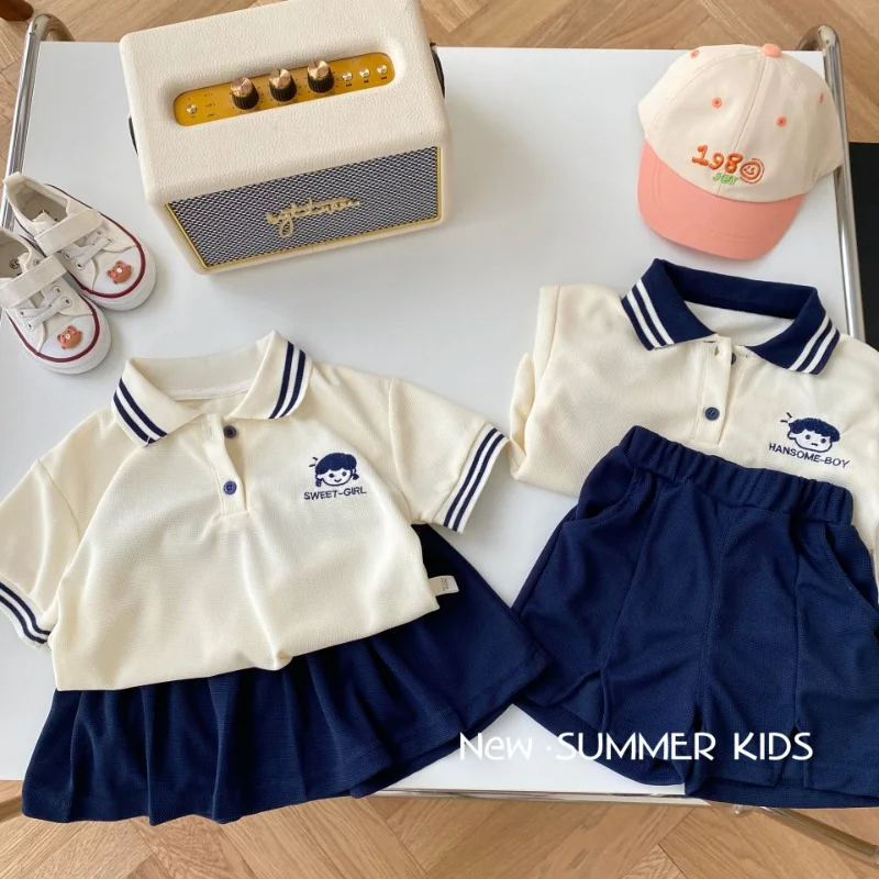 

Children's Suit 0-6 Years Old Boys and Girls College Style Girls' T-shirt + Short Skirt Boys' Polo Shirt + Shorts Two-piece Set