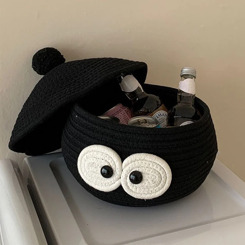

Cartoon Handmade Woven Storage Basket Cotton Rope Cosmetic Organizer Desktop Snack Sundries Storage Box with Lid Bedroom Decor