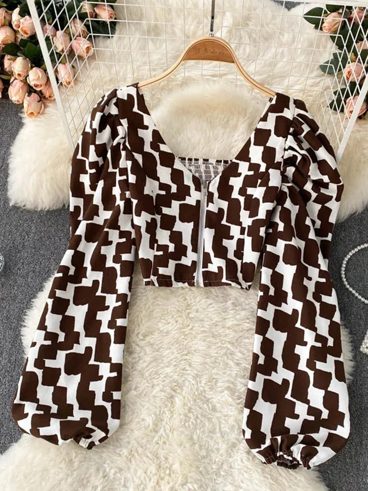 

JMPRS Sexy Leopard Print Women Shirts Long Sleeve Fashion Zipper Up Crop Tops Streetwear Puff Sleeve Y2k Ladies Blouse New