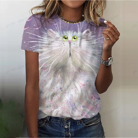 Fashion Woman Blouses 2023 T-shirt Women's 3d Cats Print Black Kawaii T Shirt Female Clothing Oversized Summer Top