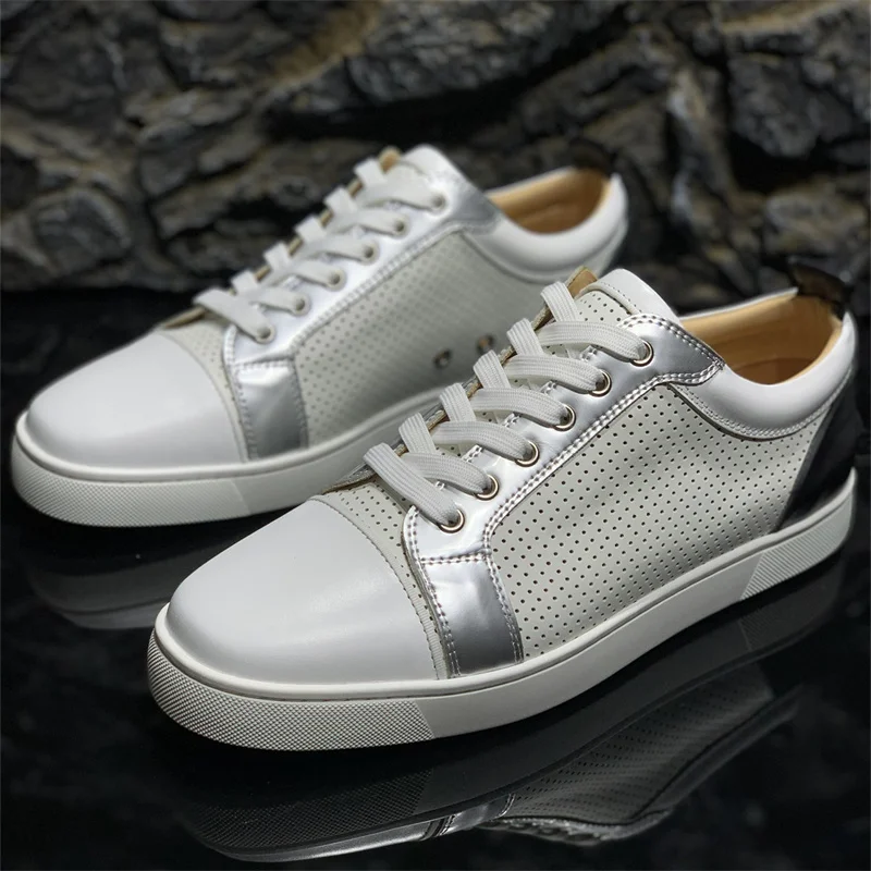 

Роскошные Дизайнерские Серебристые удобные Свадебные вечерние Классические Низкие туфли для мужчин с красной подошвой белые кожаные дыша...