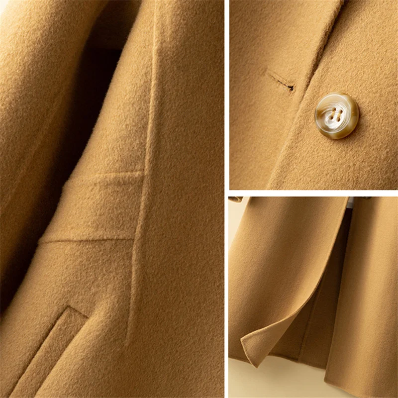 

Autumn Spring Korean Slim Mid-length Double Sided Cashmere Jacket Women Outerwear Solid Color Long Sleeve Wool Coat Female