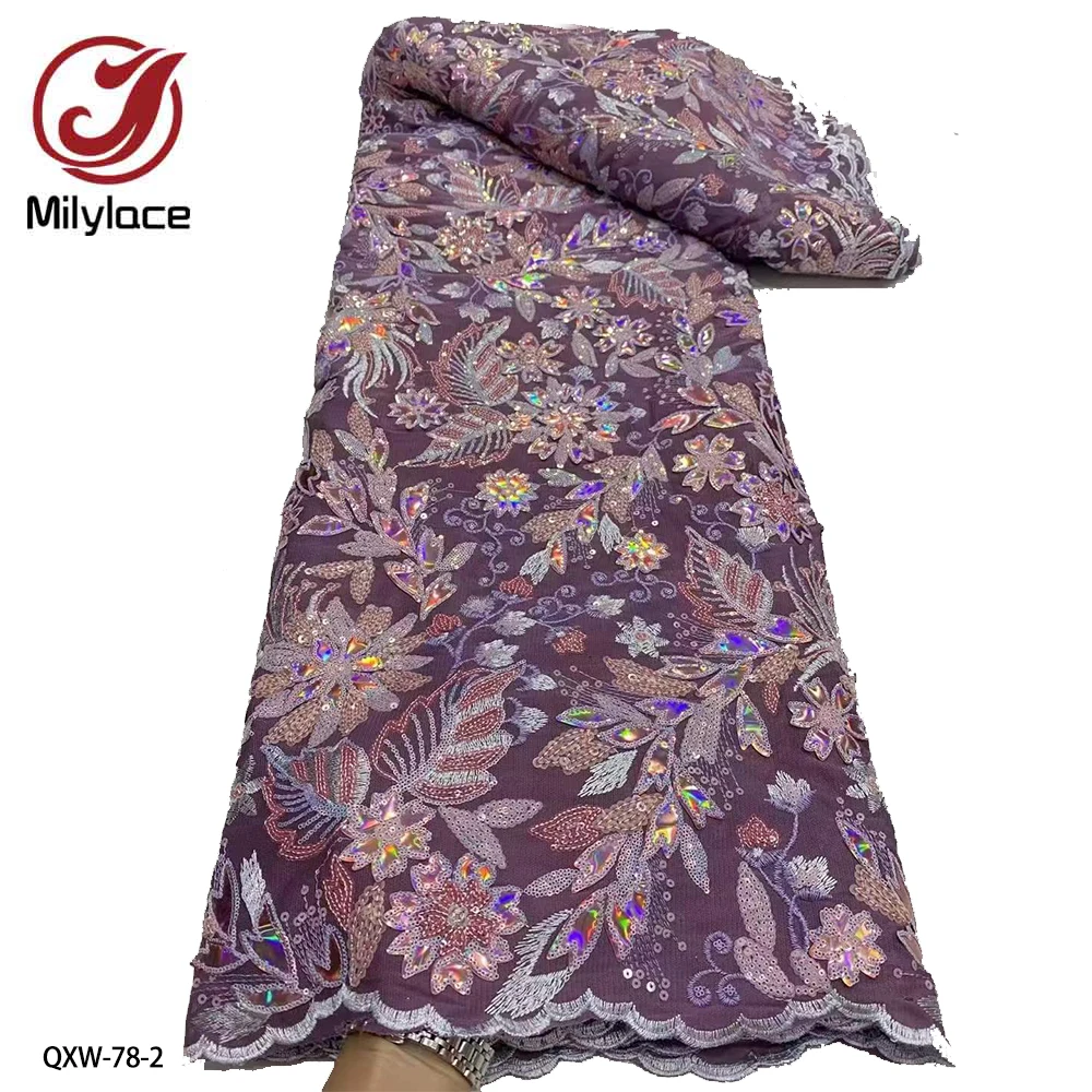 

High Quality African Sequins French Embroidery Net Lace Fabric Tulle Lace Fabric 5 Yards for Sewing Women Dress QXW-78