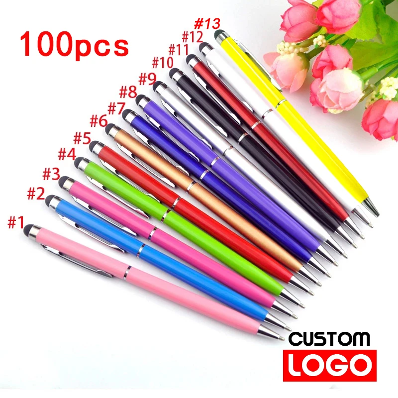 100 Packs of 13-color Mini Metal 2-in-1 Stylus Universal Ballpoint Pen Text Engraving Custom Logo Office School Advertising Pen