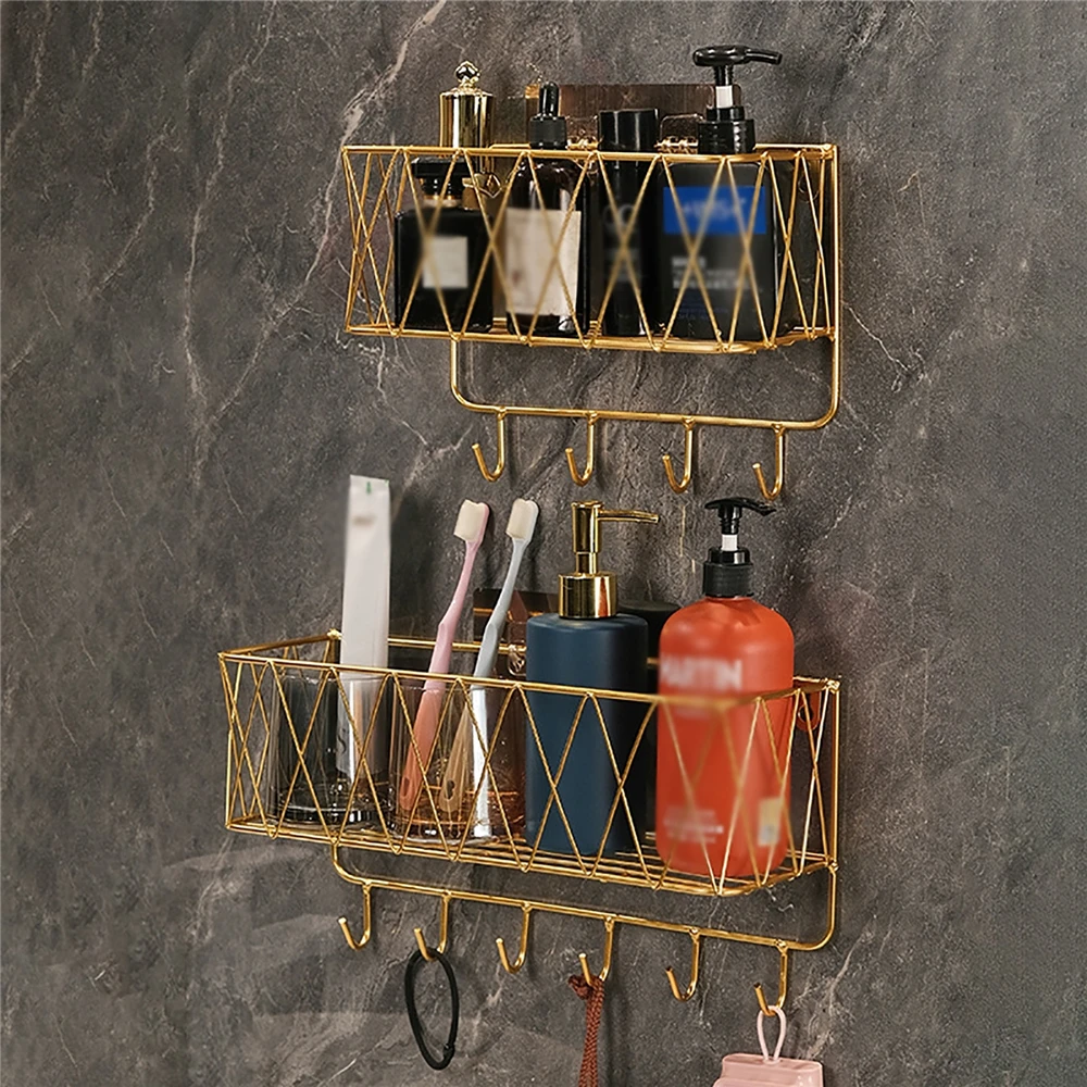 

Golden Bathroom Storage Shelf Wall Mounted Punch-Free Toothbrush Cosmetic Organizer Basket Shower Room Toilet Toiletries Holder