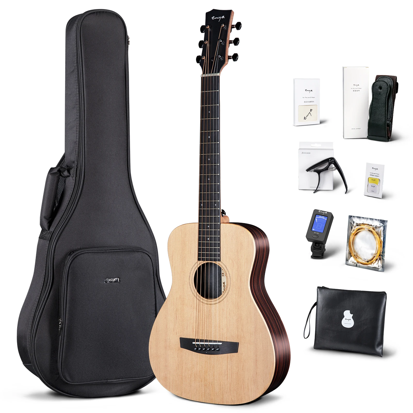 Enya Acoustic Guitar 34 inch Spruce Top Guitar for Beginner Children Learn-to-Play Bundle with Case, Strap, String, Capo, Pick