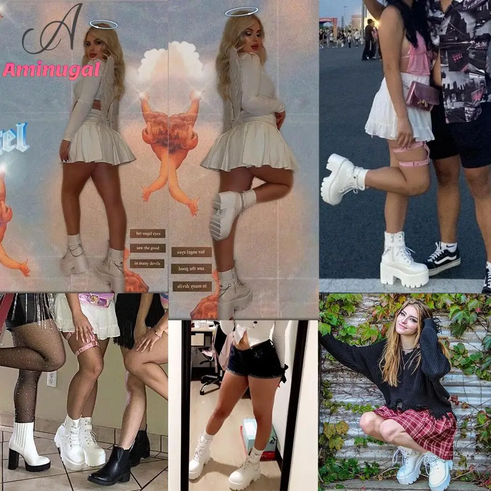 Brand New 2023 Platform Fashion White Black Block Heel Shoes Combat Booties Women's Lace Up Studded Motorcycle Boots Ankle Boots