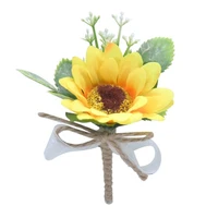 handcrafted groom bride wedding boutonniere artificial sunflower brooch corsage with greenery ribbon bow pin alligator clip prom