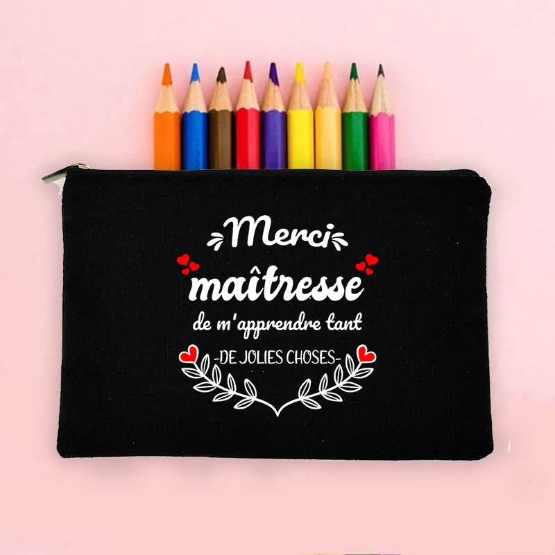 

Pencil Case Wash Pouch Canvas Gifts Thanks Teacher French Print Storage Bags Large Purses Travel School Stationery Supplies