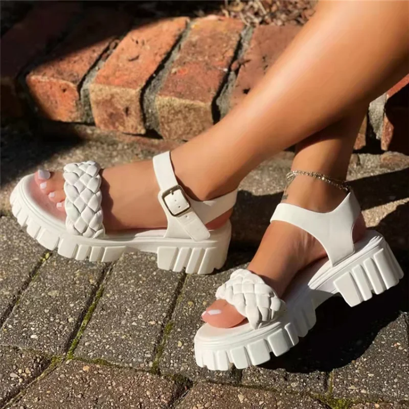 Women's Sandals Platform Square Heels Ankle Buckle Summer Woman Shoes 2022 Fashion PU Leather Solid Pumps Non-slip Female