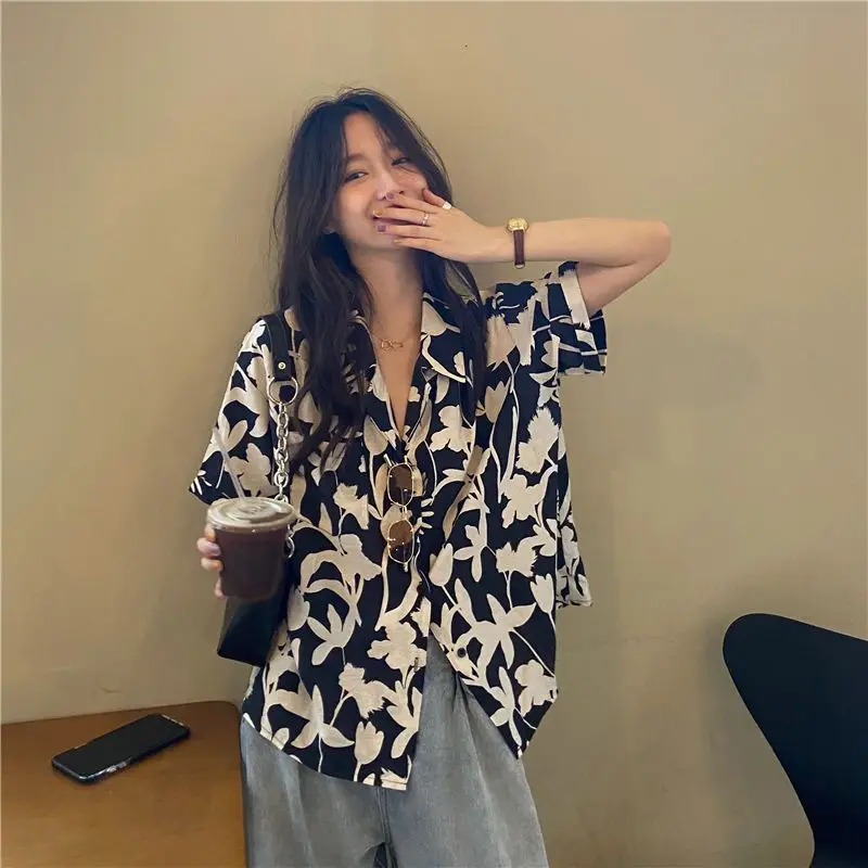 Summer New Printing Loose Shirt Tops Short Sleeve V Neck Versatile Youth Blouse Fashion Casual Women Clothing