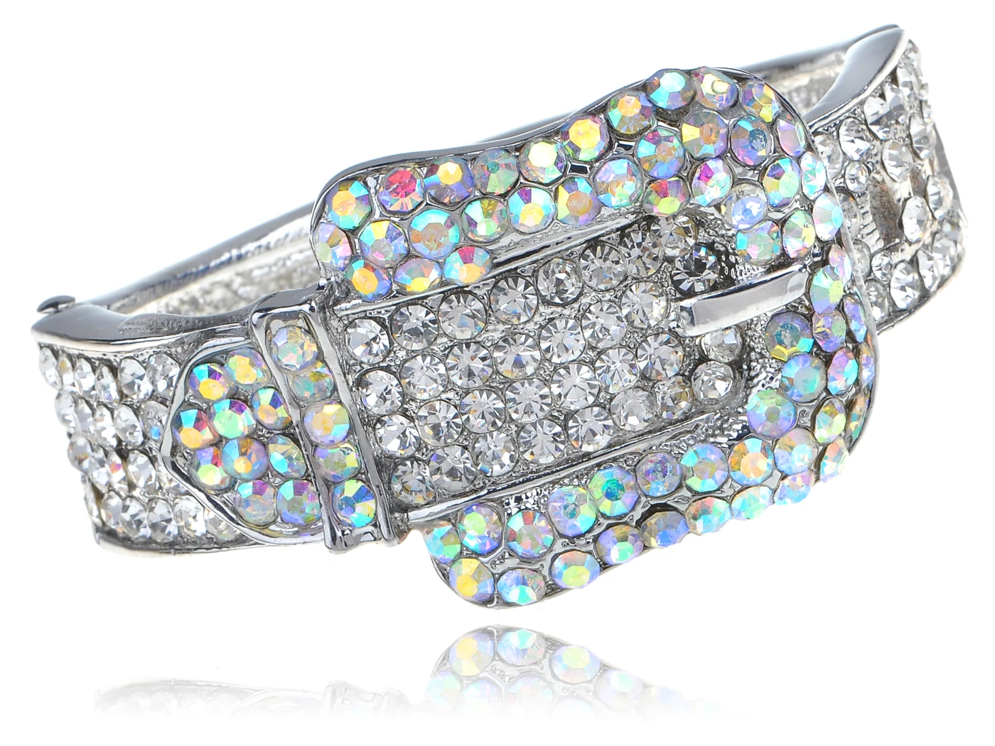 

Silvery Tone Iridescent Clear Crystal Colored Rhinestones Belt Buckle Cuff Bracelet