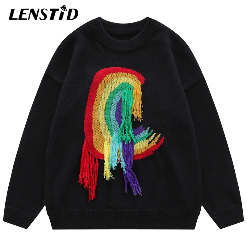 

LENSTID Autumn Men Knitted Jumper Sweaters Hip Hop Jacquard Tassels Jersey Streetwear Harajuku Fashion Casual Pullovers Clothes