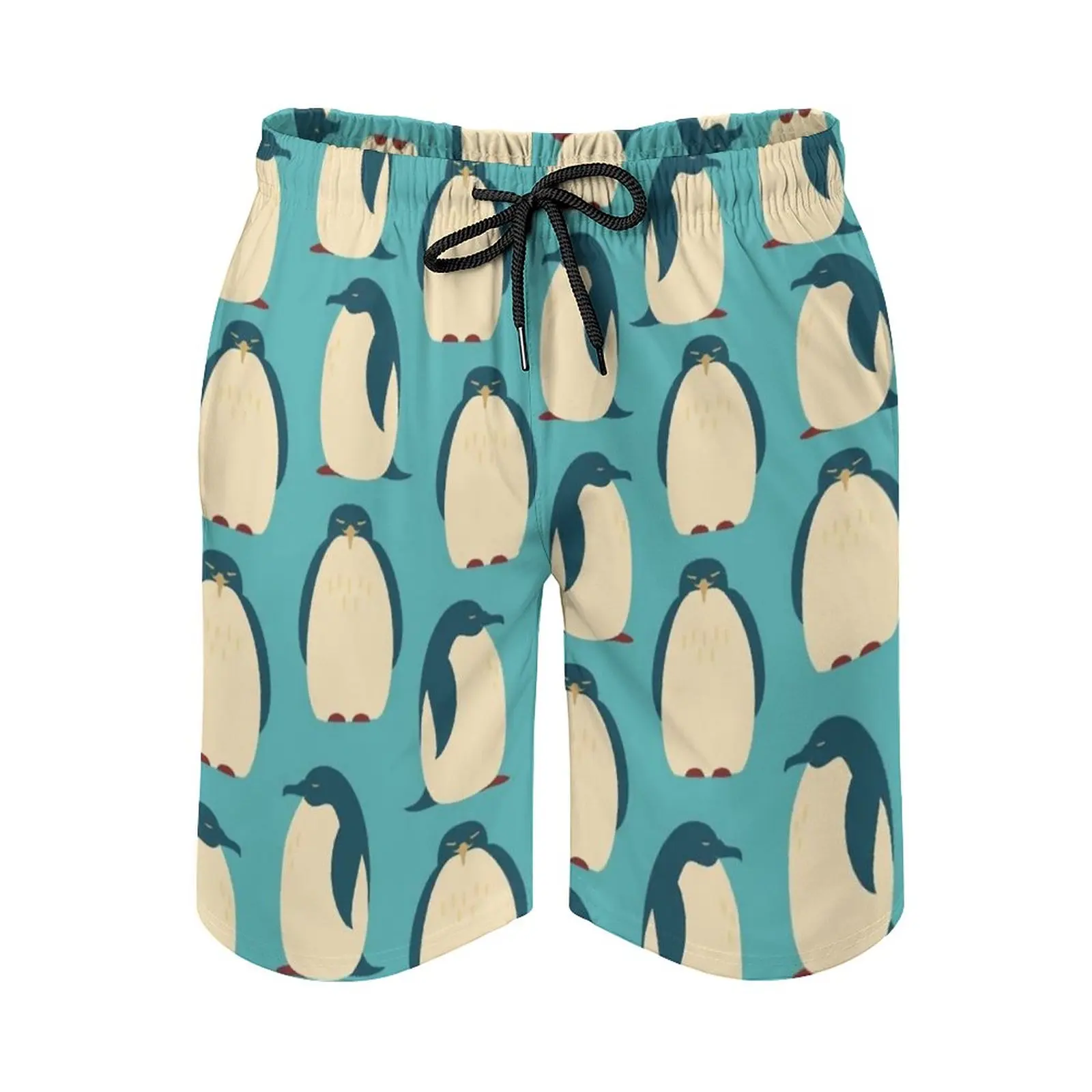 

Happy Penguins Surfing Beach Shorts Men'S Boardshorts Patchwork Surf Swim Short Pants Penguin Winter Pattern Animal Bird Cute