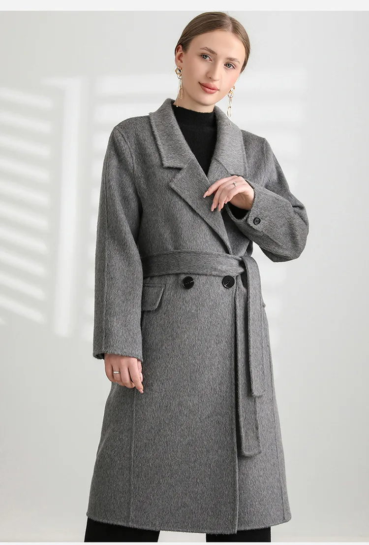 

Long double-sided woolen fleece coat for women in autumn and winter, 2023 new style knee tie up wool woolen fleece coat