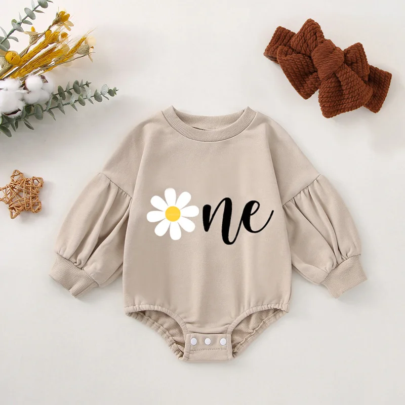 

Baby Girls Romper Set Long Sleeve Crew Neck Flower Letters Print Romper with Bowknot Hairband