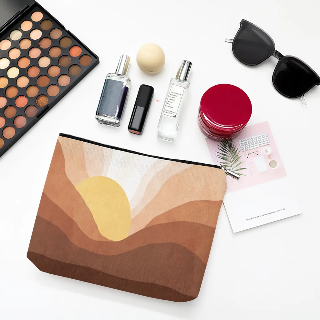 

Sunrise Mountain Landscape Linen Women Cosmetic Bag Pattern Design Makeup Pouch Lady Tote Purse Travel Organizer Case