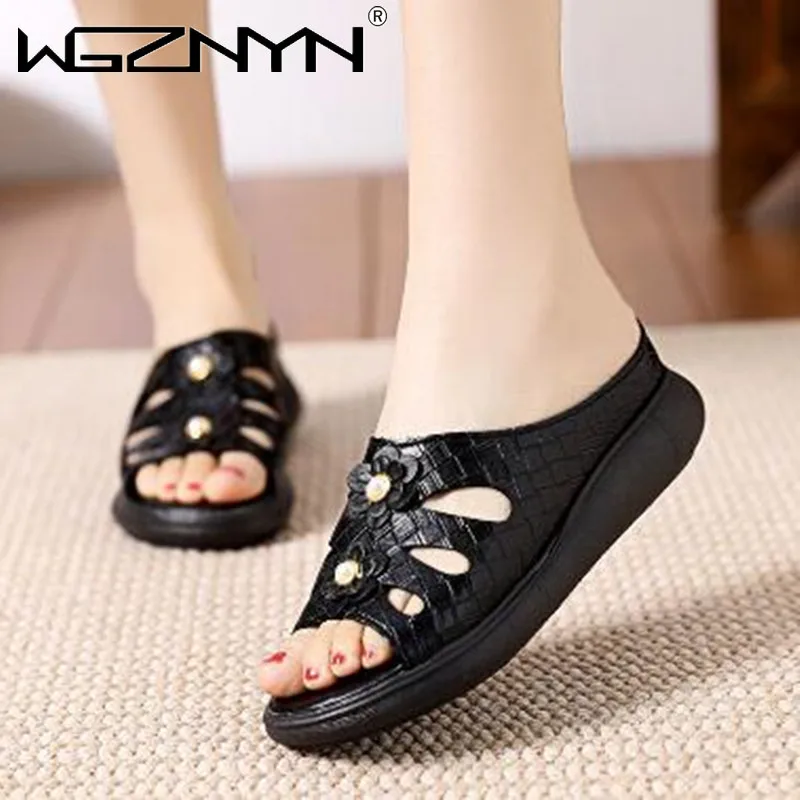 

Women Wedges Slippers 2023 Summer New Vintage Soft Leather Women Platform Slippers Comfortable Beach Shoes Woman Casual Slides