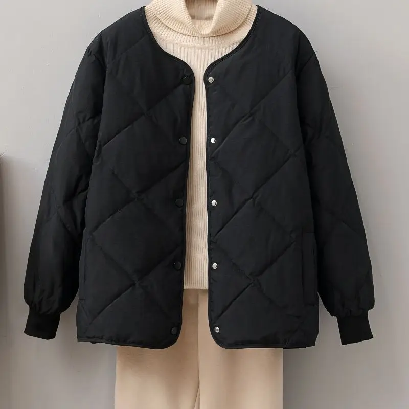 Корейское короткое свободное пуховое пальто с ромбической сеткой без воротника