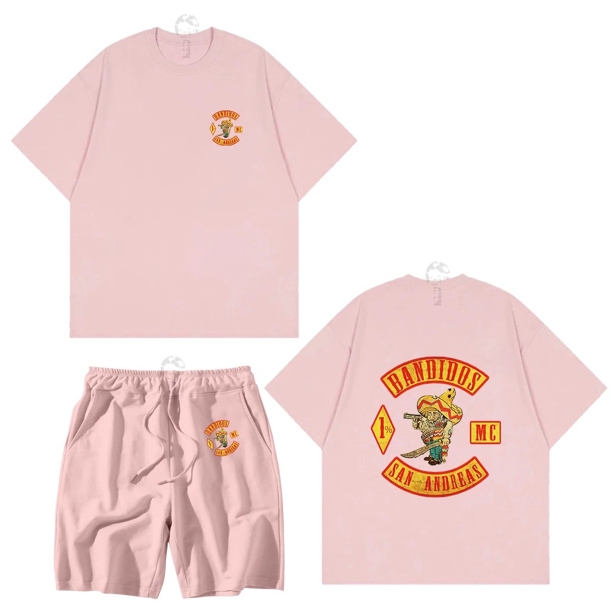 Cotton Men's T-shirt Set 2023 New Retro Contrast Color Bandidos Printing Casual Street Japanese Style Neutral Sports Pants Set