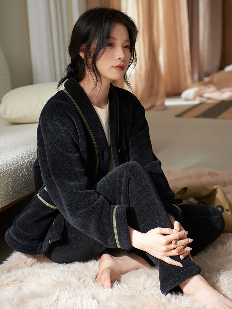 Пижамы женские зимние новые кардиганы с воротником-кимоно цельный бархатный