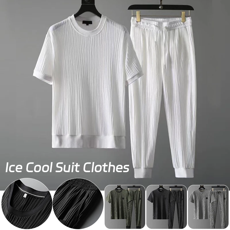 1 Set Men Fashion Outfit Summer Top Pants Set Solid Color Ultrathin Breathable O Neck Pleated Design Shirt+Trousers Tracksuits