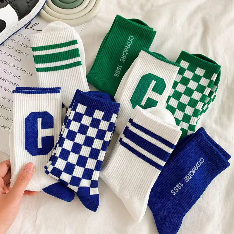 

10 Pairs/Lot Klein Blue Socks Women's Mid-Tube Spring and Summer Ins Trend Fashion Checkerboard Green Stockings