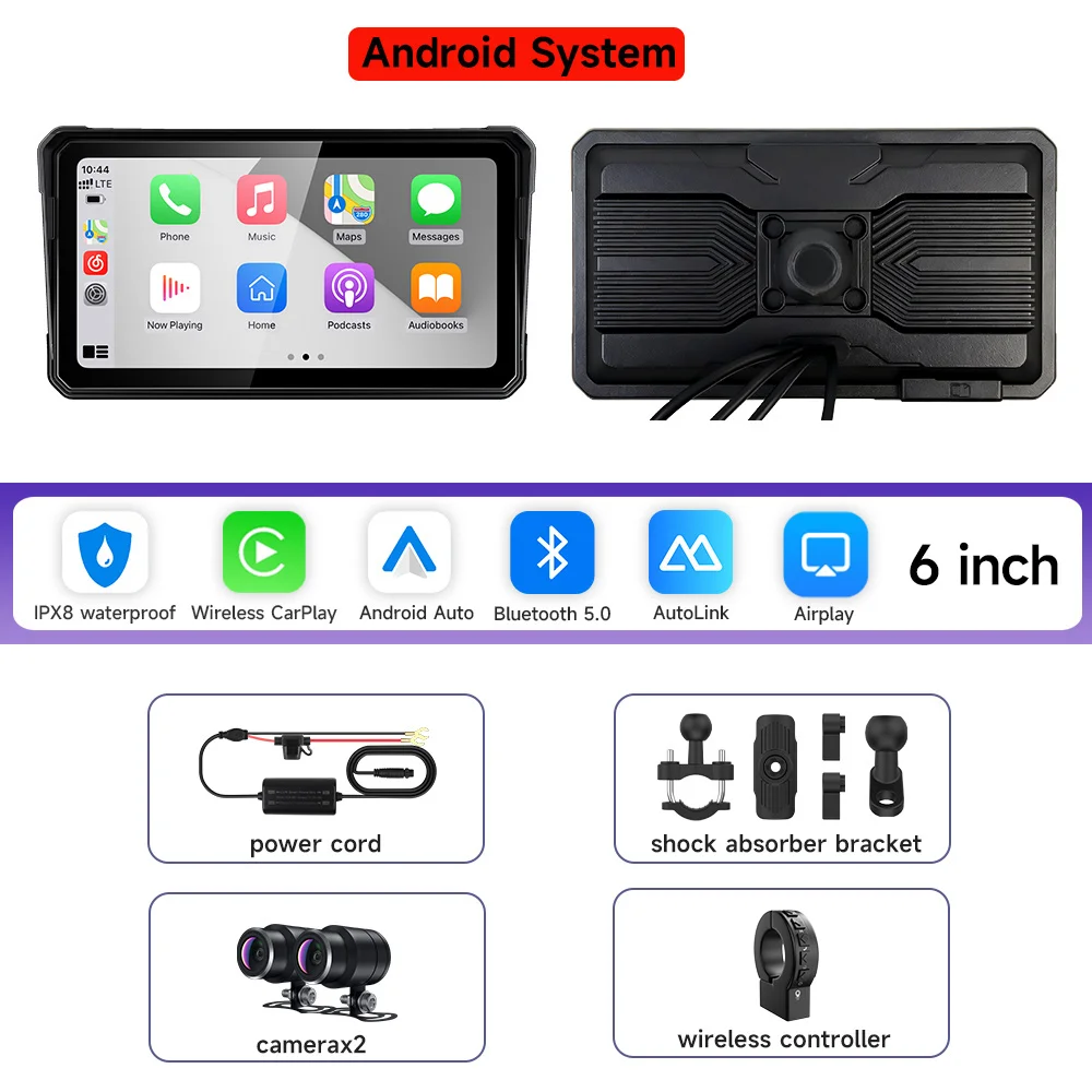 

6-дюймовый Carplay Мотоцикл Android Система DVR Навигация GPS Беспроводной CarPlay Android Auto IPX8 Портативный экран Airplay