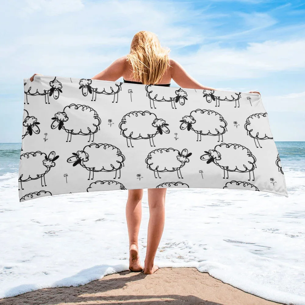 

Animal Black White Curly Sheep Flowers Microfiber Household Large Bath Towel Shower Face Hair Towel Sports Yoga Beach Towels