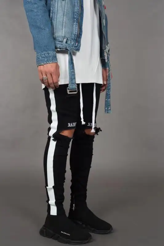 Mens Denim Pant Tight New Explosions Embroidered Slim Feet Side Webbing Elastic Hole Jeans Men