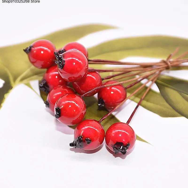 

50pcs 10mm Artificial Flowers Stamens Red berries cherry Fake Smooth Foam Fruit for Wedding Christmas Decoration fruit dish