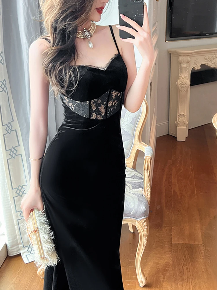 Женское длинное платье в стиле ретро сексуальное бархатное на бретельках с