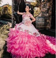 charro pink quinceanera dresses floral lace appliqued sweetheart court train sweet 16 prom ball gowns vestidos de xv a%c3%b1os 15