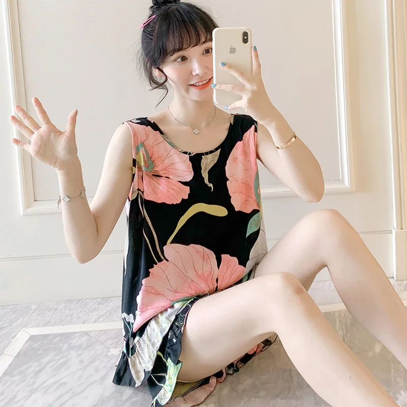 Womens Pajamas Set Summer Floral Printed Tank And Shorts Pajamas Set for Women Soft Cotton Sleepwear Loungewear 2 Piece PJS Sets
