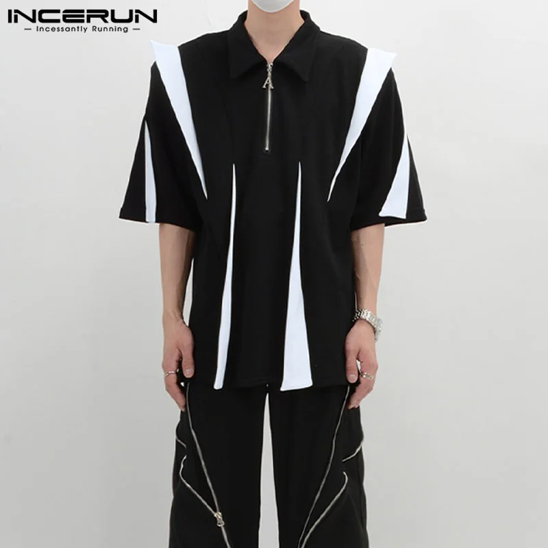 

INCERUN Men Shirt Lapel Short Sleeve Zipper Patchwork Casual Men Clothing Korean Style 2023 Loose Summer Fashion Shirts S-5XL
