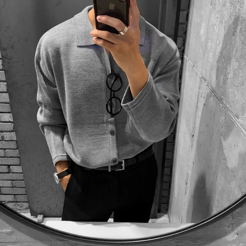 

Men's Wear Kintted Polo Shirts Autumn New Single Breasted Tops Loose Korean Style Solid Casual Lapel Outerwear Pullovers G46