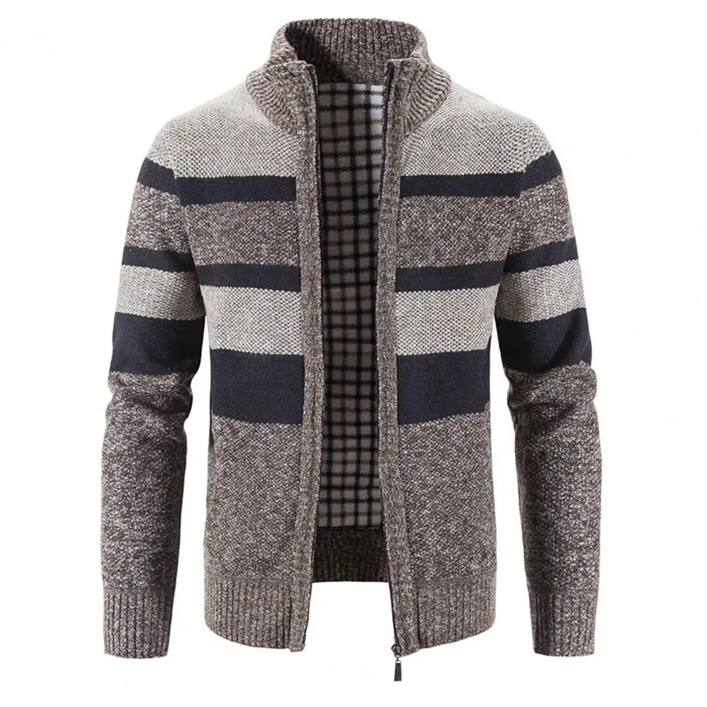 Men Cardigan Sweater Zipper Closure Long Sleeve Sweater Coat Autumn Winter Patchwork Pockets Stand Collar Sweater Coat Knitwear