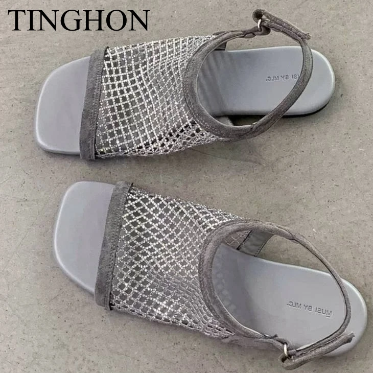 Фото Женские блестящие шлепанцы TINGHON с открытым носком и стразами |   Французские тюлевые сандалии в стиле феи для отпуска, лето 2026 №3