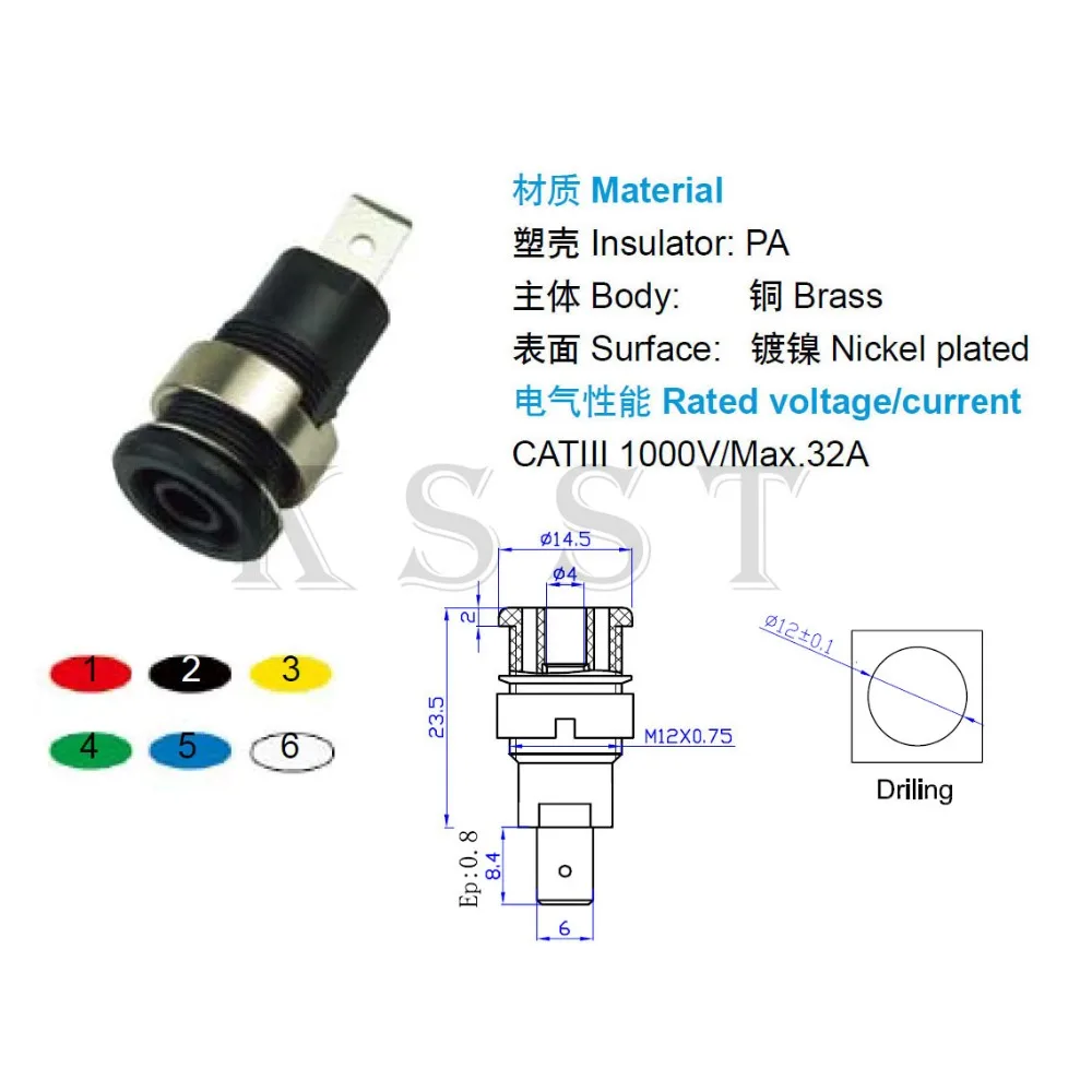 Тестовый разъем PS302 с банановым покрытием 4 мм Панельное гнездо 6 35 тип фастона или
