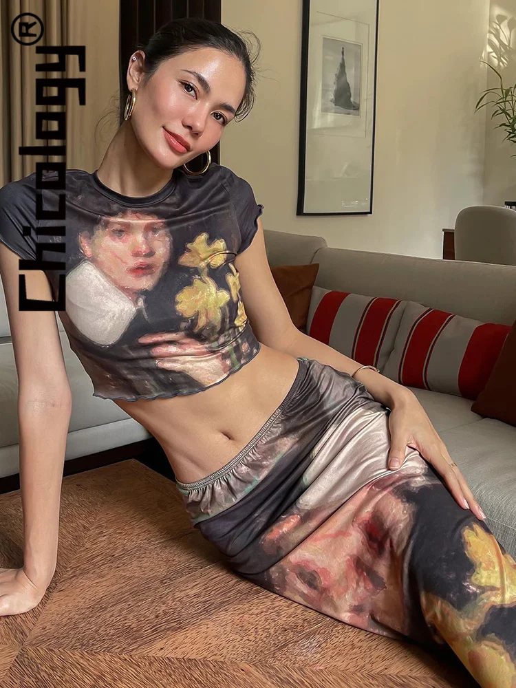 

Chicology 2022, женский укороченный топ с коротким рукавом и графическим принтом, с высокой талией, комплект из 2 предметов с юбкой, уличная одежда ...