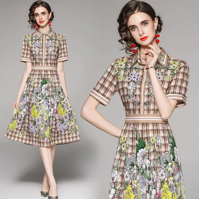 

Classical Grid Women Summer Dresses Short Sleeve Beautiful Floral Patchwork Office Lady Skirts Bodycon Corest Elegant Vestidos