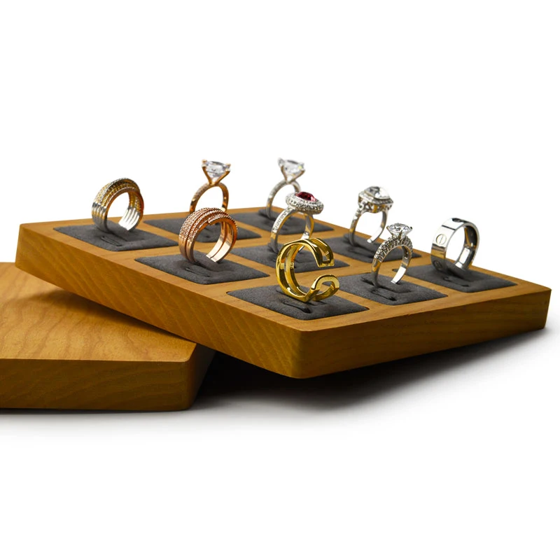 Oirlv Solid Wood Ring Organizer 9 pcs Rings Display Beige Gray Wooden Ring Display For Jewelry Display Stand Wooden Ring Holder