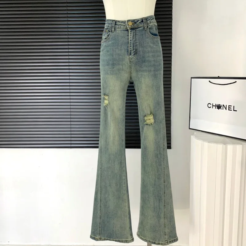 

Fashion Vintage Blue Denim Holes High Waist Slim Pants Micro Jeans for Women